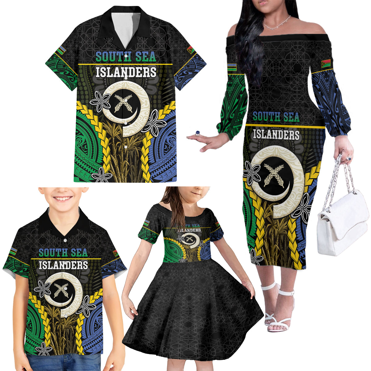 Personalised South Sea Islanders And Vanuatu Family Matching Off The Shoulder Long Sleeve Dress and Hawaiian Shirt Kanakas Sand Drawing Pattern