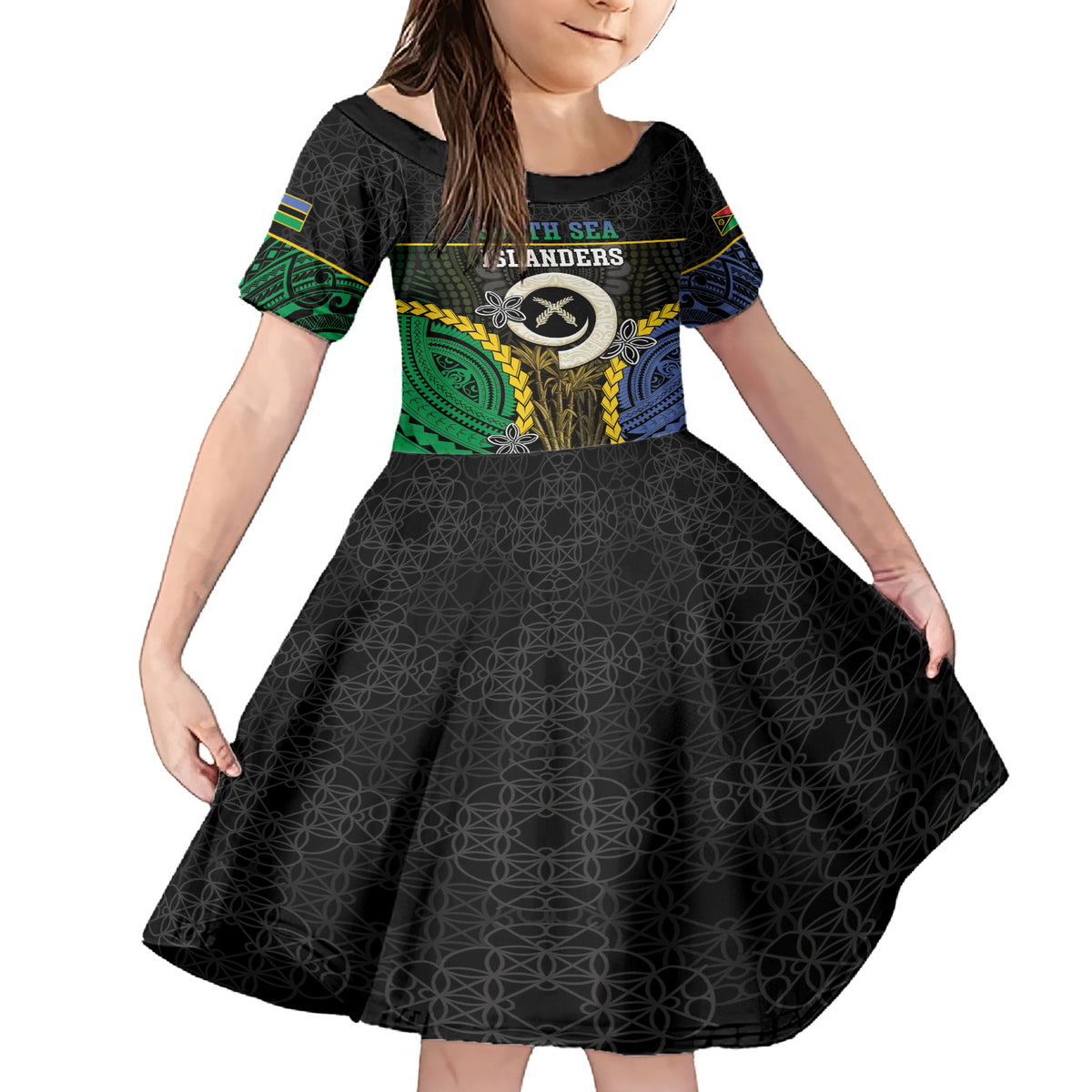 Personalised South Sea Islanders And Vanuatu Family Matching Short Sleeve Bodycon Dress and Hawaiian Shirt Kanakas Sand Drawing Pattern LT05 Daughter's Dress Black - Polynesian Pride