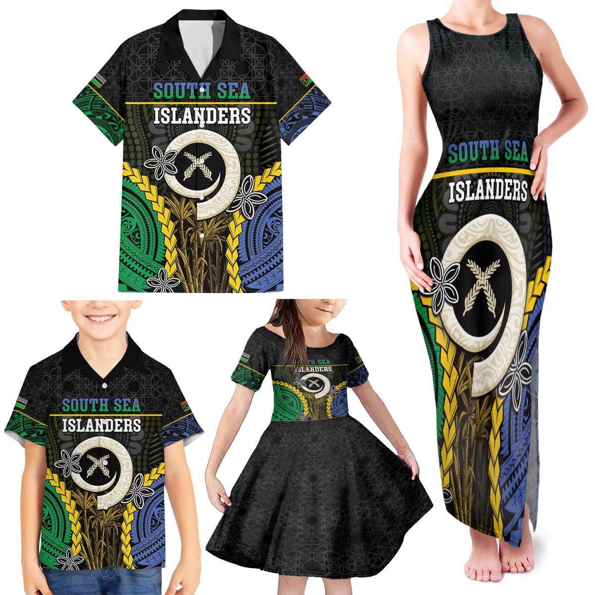 Personalised South Sea Islanders And Vanuatu Family Matching Tank Maxi Dress and Hawaiian Shirt Kanakas Sand Drawing Pattern LT05 - Polynesian Pride