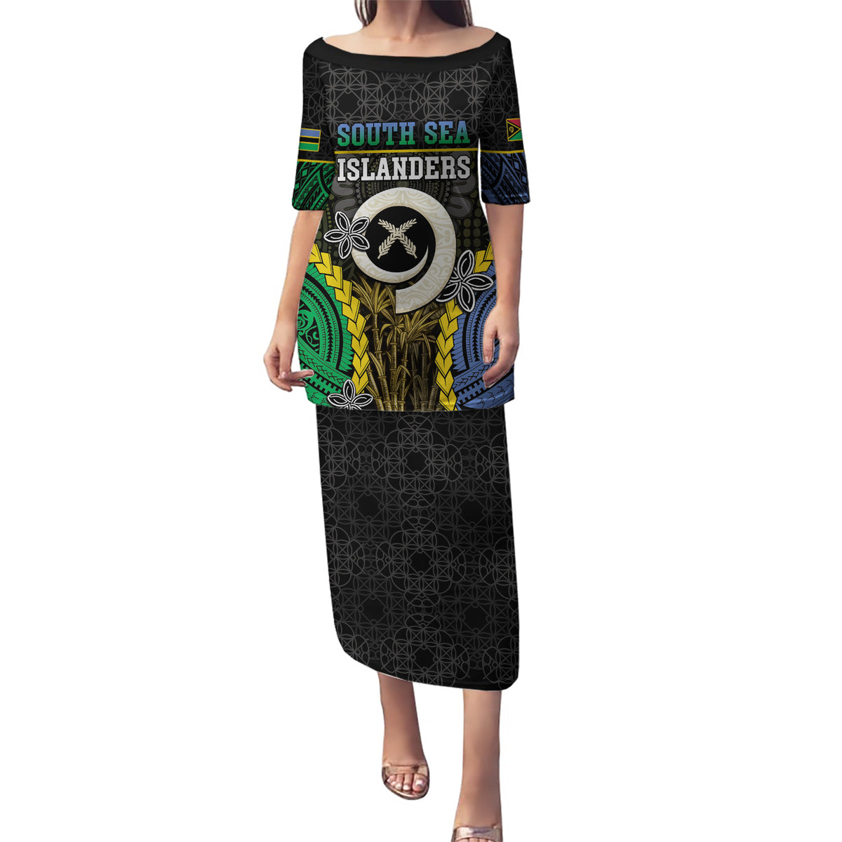 Personalised South Sea Islanders And Vanuatu Puletasi Kanakas Sand Drawing Pattern LT05 Long Dress Black - Polynesian Pride