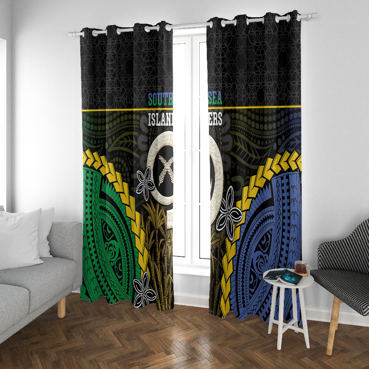 South Sea Islanders And Vanuatu Window Curtain Kanakas Sand Drawing Pattern LT05 With Grommets Black - Polynesian Pride