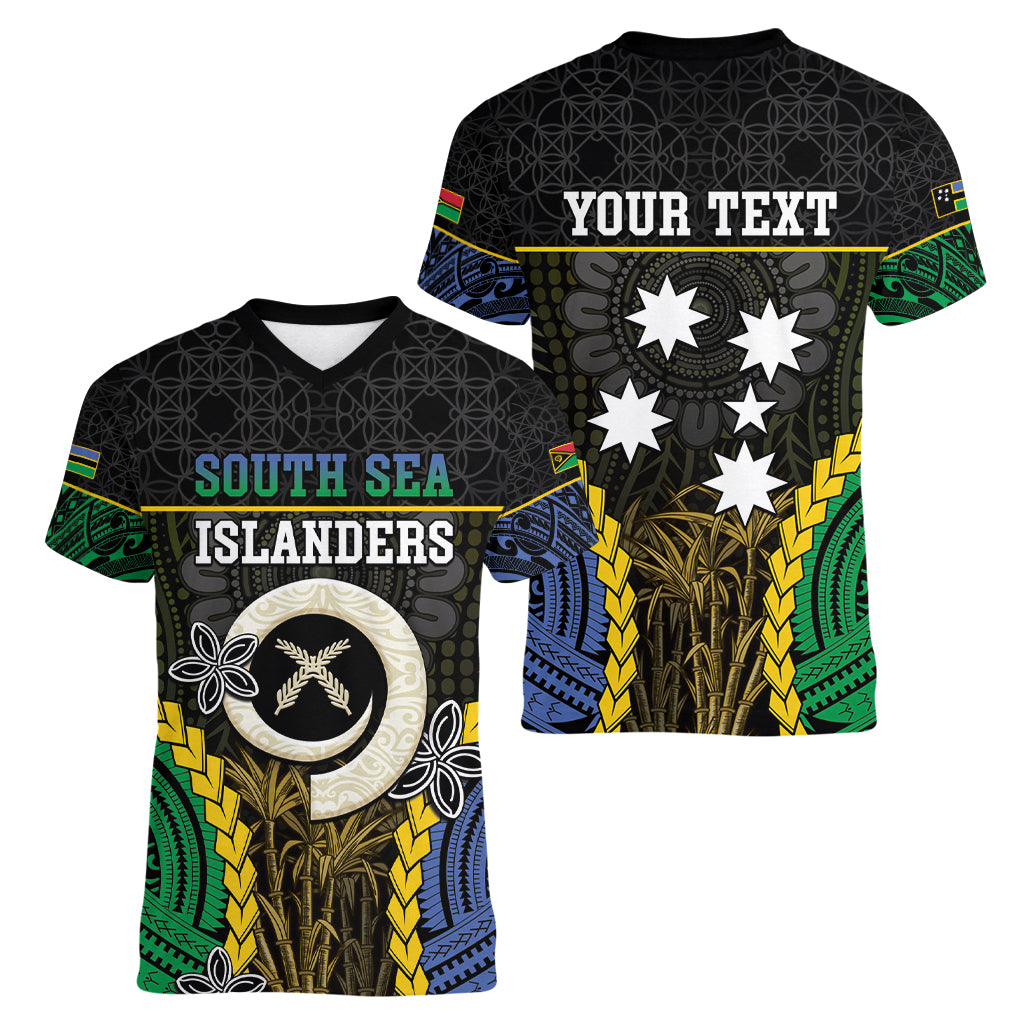 Personalised South Sea Islanders And Vanuatu Women V-Neck T-Shirt Kanakas Sand Drawing Pattern