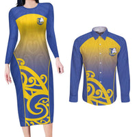 Custom James Cook High School Couples Matching Long Sleeve Bodycon Dress and Long Sleeve Button Shirt Maori Koru Pattern LT05 Blue - Polynesian Pride