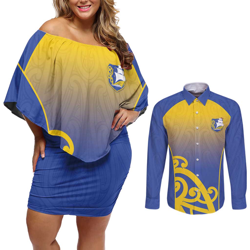 Custom James Cook High School Couples Matching Off Shoulder Short Dress and Long Sleeve Button Shirt Maori Koru Pattern LT05 Blue - Polynesian Pride