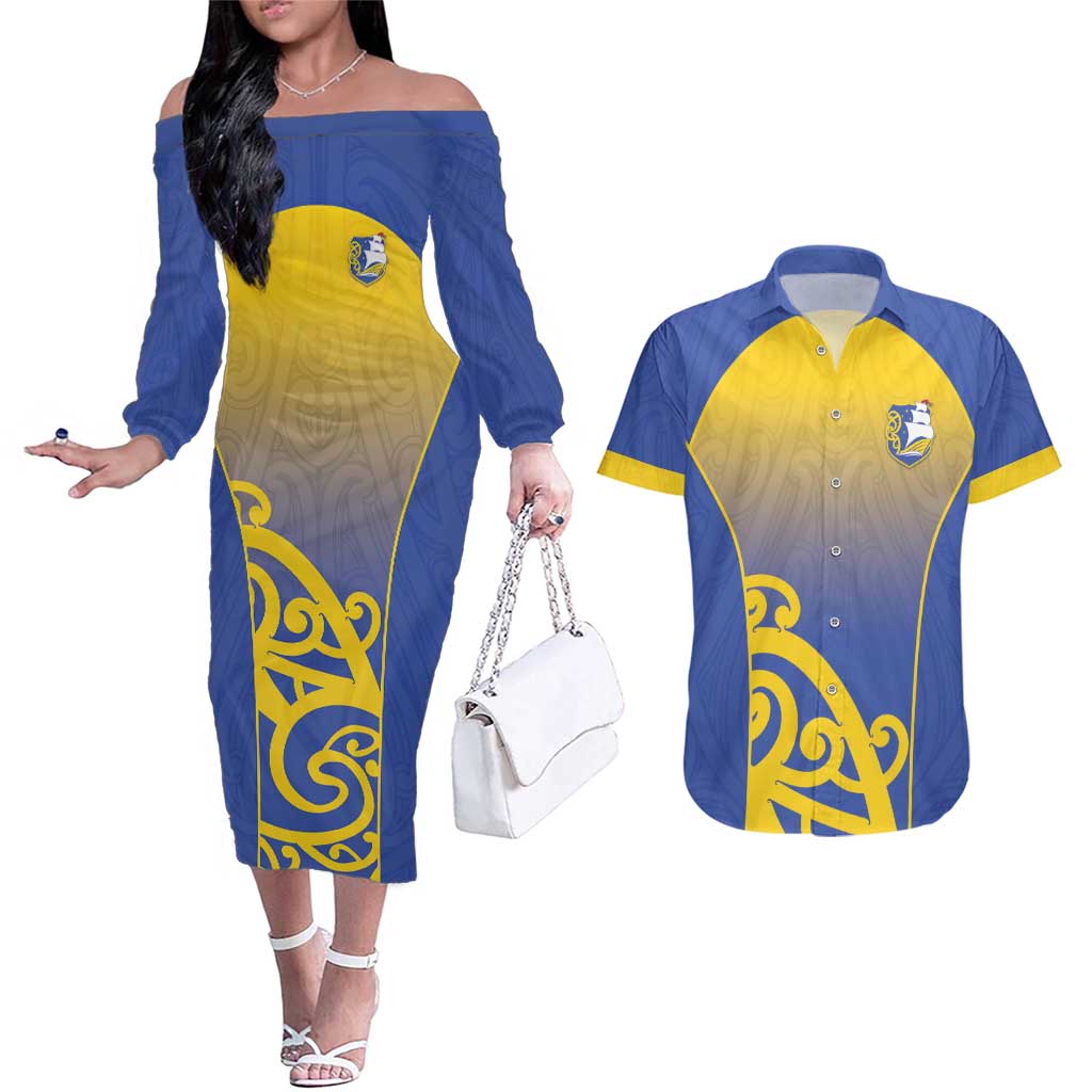 Custom James Cook High School Couples Matching Off The Shoulder Long Sleeve Dress and Hawaiian Shirt Maori Koru Pattern LT05 Blue - Polynesian Pride