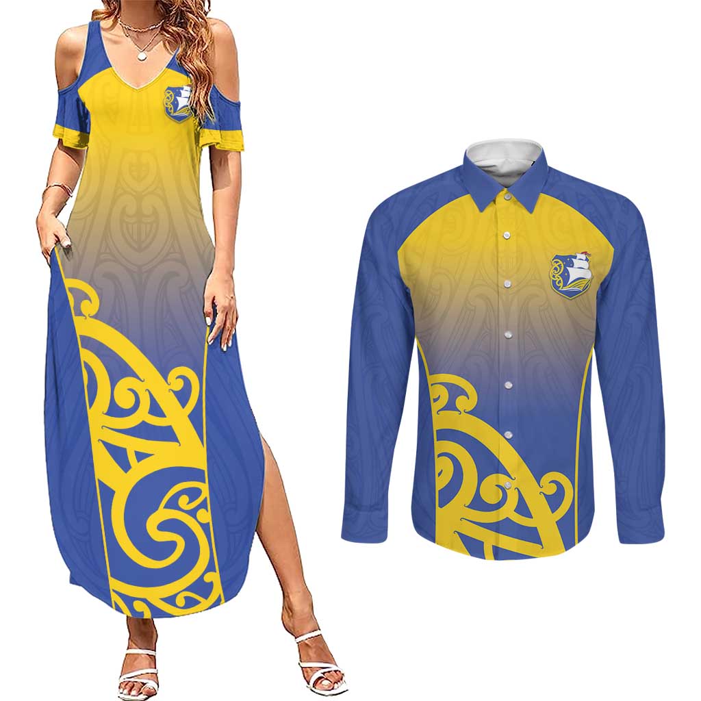 Custom James Cook High School Couples Matching Summer Maxi Dress and Long Sleeve Button Shirt Maori Koru Pattern