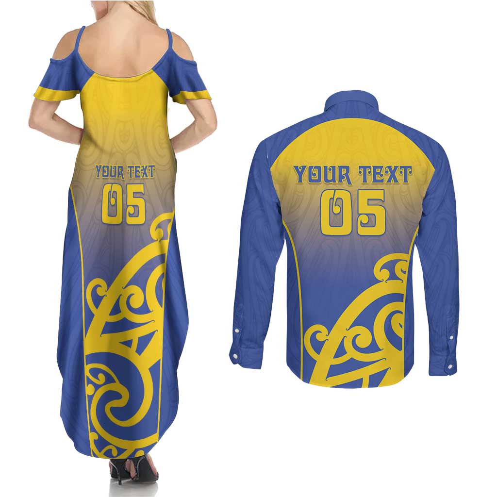 Custom James Cook High School Couples Matching Summer Maxi Dress and Long Sleeve Button Shirt Maori Koru Pattern