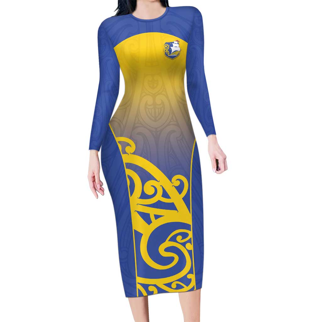 Custom James Cook High School Long Sleeve Bodycon Dress Maori Koru Pattern LT05 Long Dress Blue - Polynesian Pride