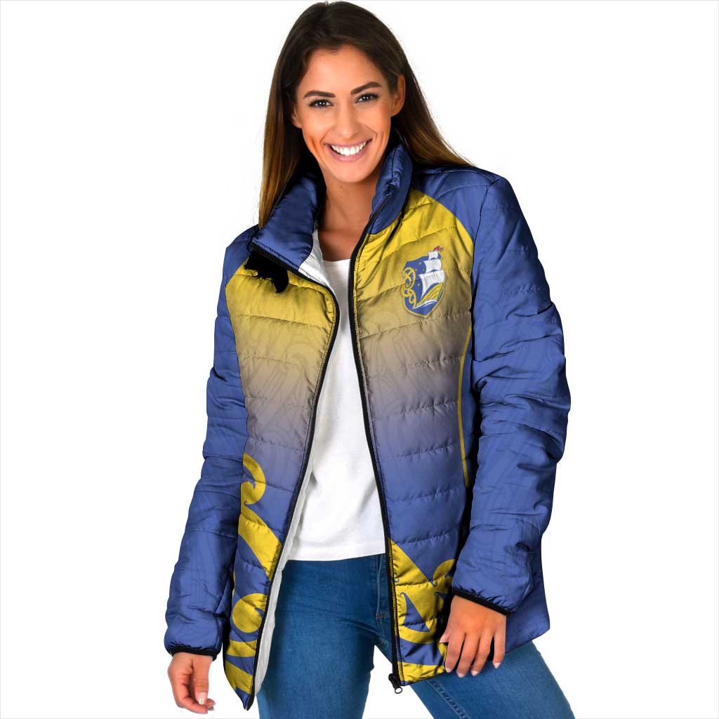 Custom James Cook High School Padded Jacket Maori Koru Pattern LT05 Women Blue - Polynesian Pride