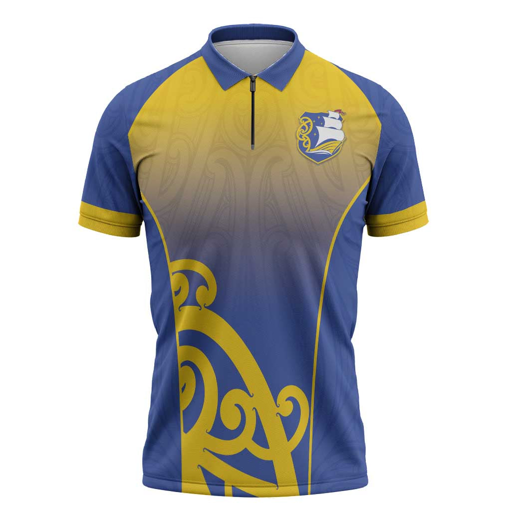 Custom James Cook High School Zipper Polo Shirt Maori Koru Pattern LT05 Blue - Polynesian Pride