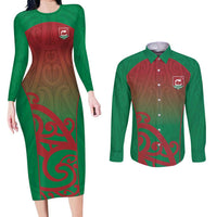 Custom Onehunga High School Couples Matching Long Sleeve Bodycon Dress and Long Sleeve Button Shirt Maori Koru Pattern LT05 Green - Polynesian Pride