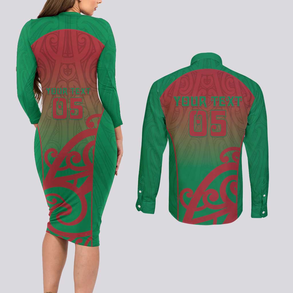 Custom Onehunga High School Couples Matching Long Sleeve Bodycon Dress and Long Sleeve Button Shirt Maori Koru Pattern LT05 - Polynesian Pride