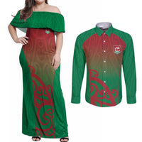 Custom Onehunga High School Couples Matching Off Shoulder Maxi Dress and Long Sleeve Button Shirt Maori Koru Pattern LT05 Green - Polynesian Pride