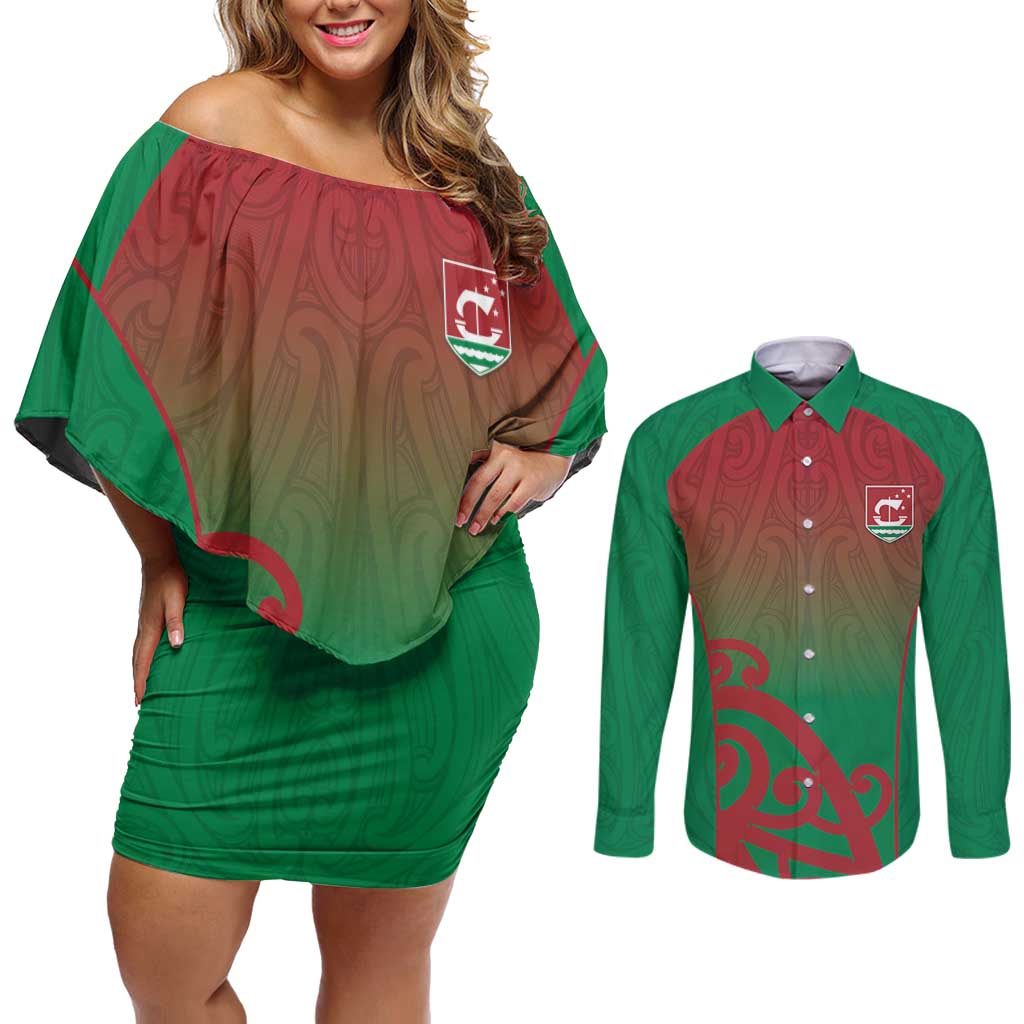 Custom Onehunga High School Couples Matching Off Shoulder Short Dress and Long Sleeve Button Shirt Maori Koru Pattern LT05 Green - Polynesian Pride