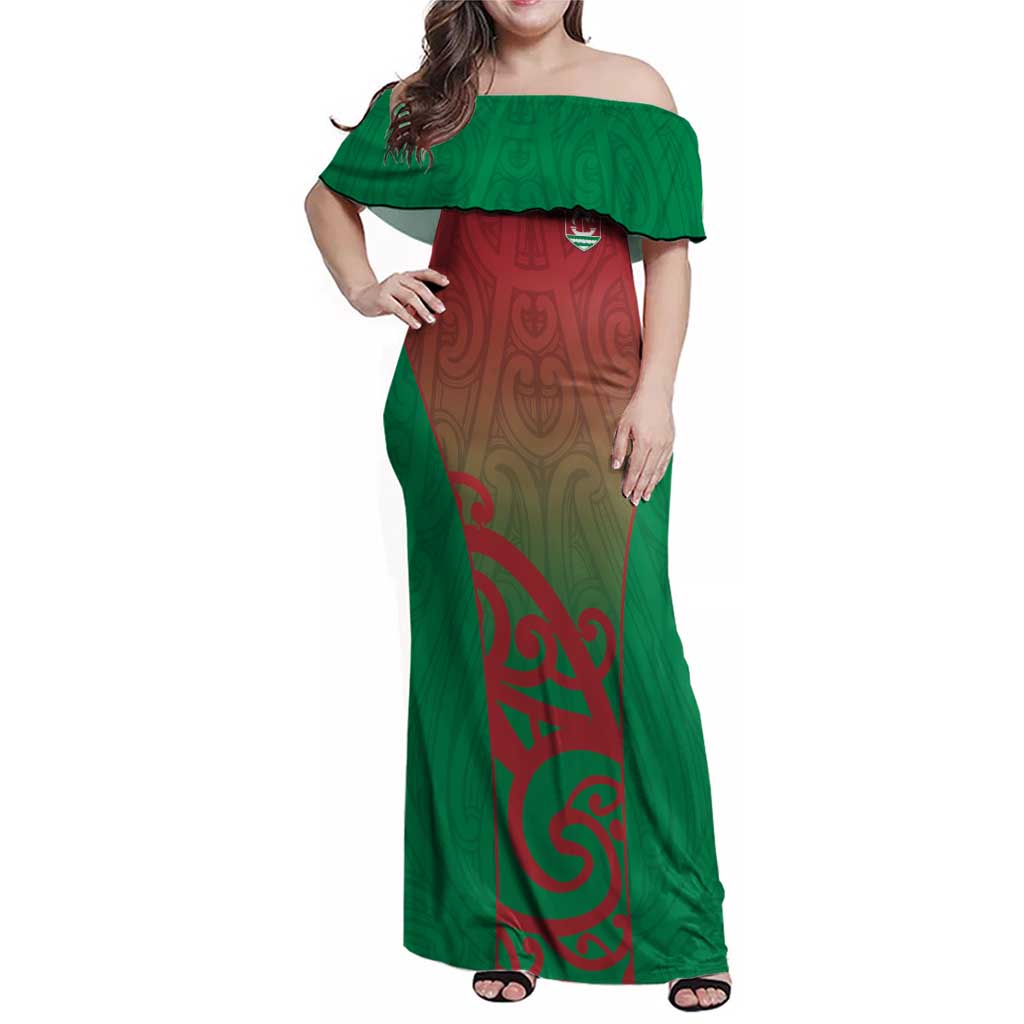 Custom Onehunga High School Family Matching Off Shoulder Maxi Dress and Hawaiian Shirt Maori Koru Pattern LT05 Mom's Dress Green - Polynesian Pride