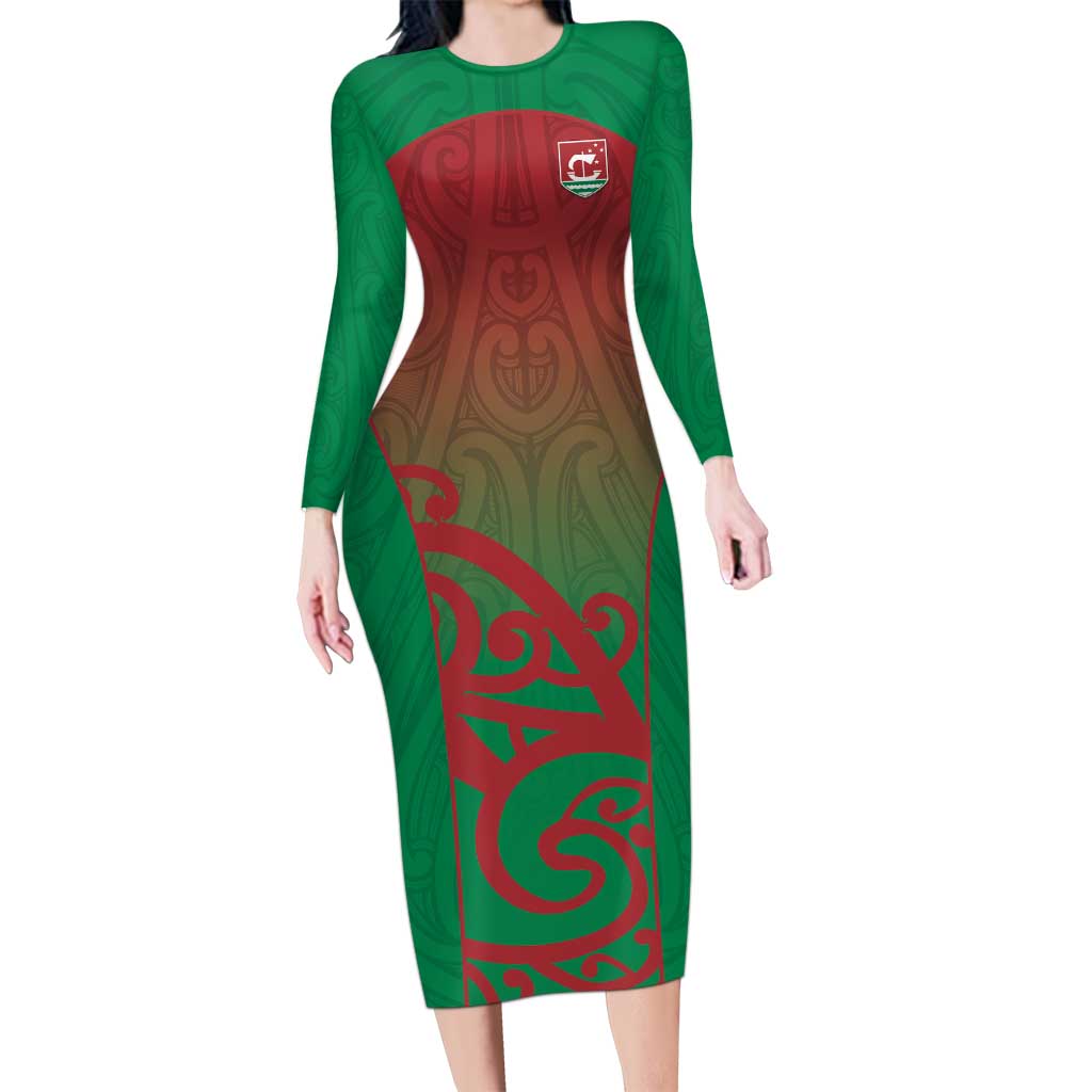 Custom Onehunga High School Long Sleeve Bodycon Dress Maori Koru Pattern LT05 Long Dress Green - Polynesian Pride