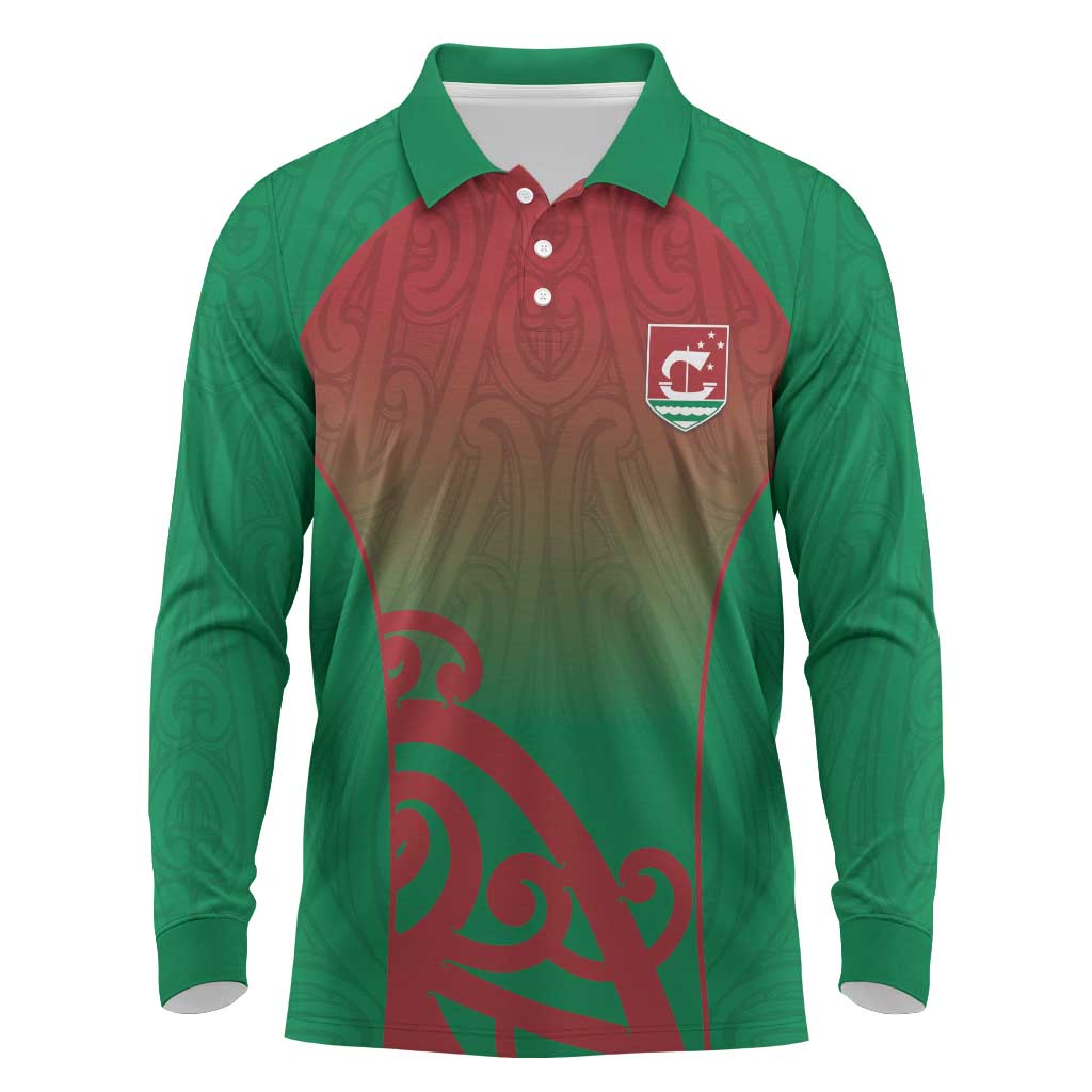 Custom Onehunga High School Long Sleeve Polo Shirt Maori Koru Pattern LT05 Green - Polynesian Pride