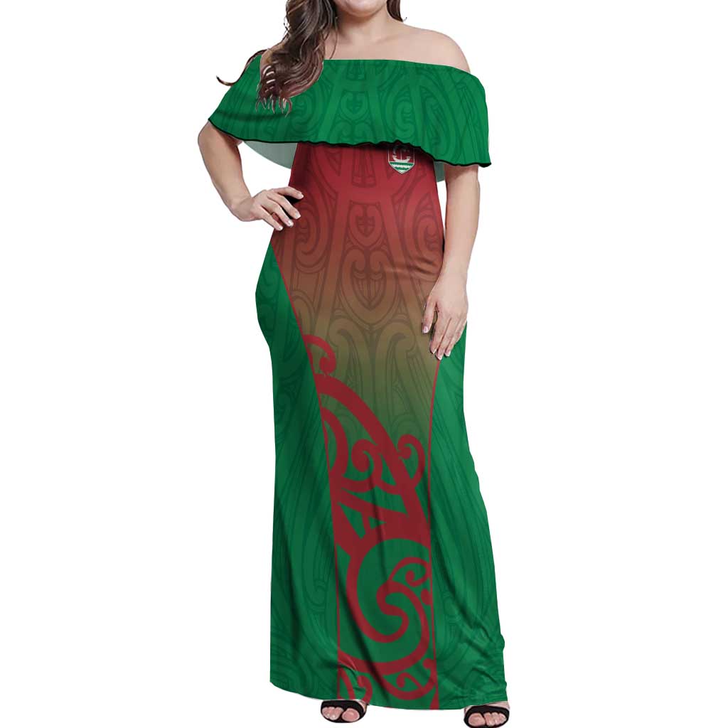 Custom Onehunga High School Off Shoulder Maxi Dress Maori Koru Pattern LT05 Women Green - Polynesian Pride