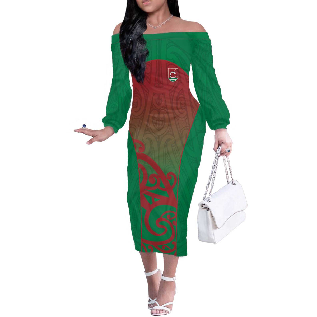 Custom Onehunga High School Off The Shoulder Long Sleeve Dress Maori Koru Pattern LT05 Women Green - Polynesian Pride