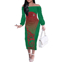 Custom Onehunga High School Off The Shoulder Long Sleeve Dress Maori Koru Pattern LT05 Women Green - Polynesian Pride