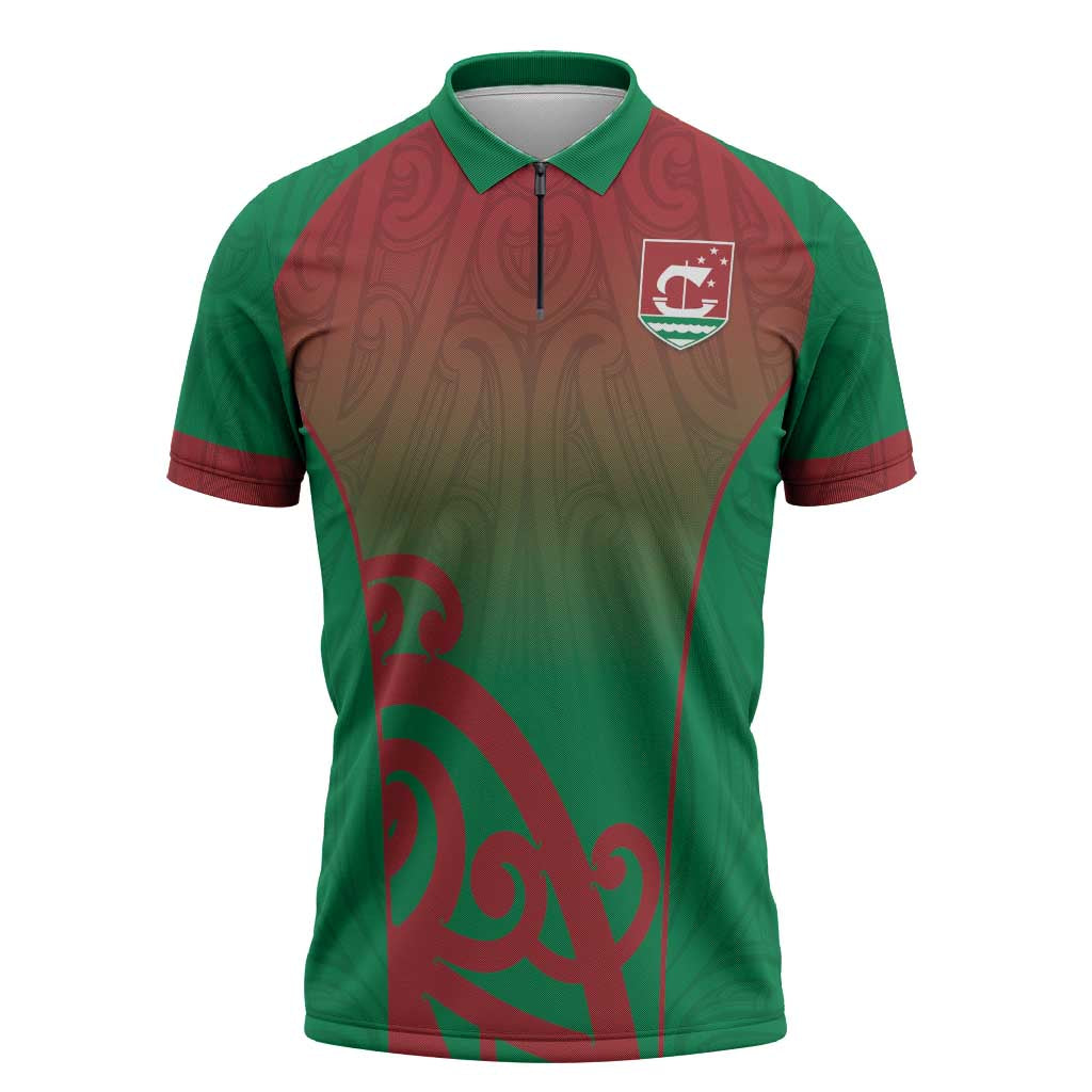 Custom Onehunga High School Zipper Polo Shirt Maori Koru Pattern LT05 Green - Polynesian Pride