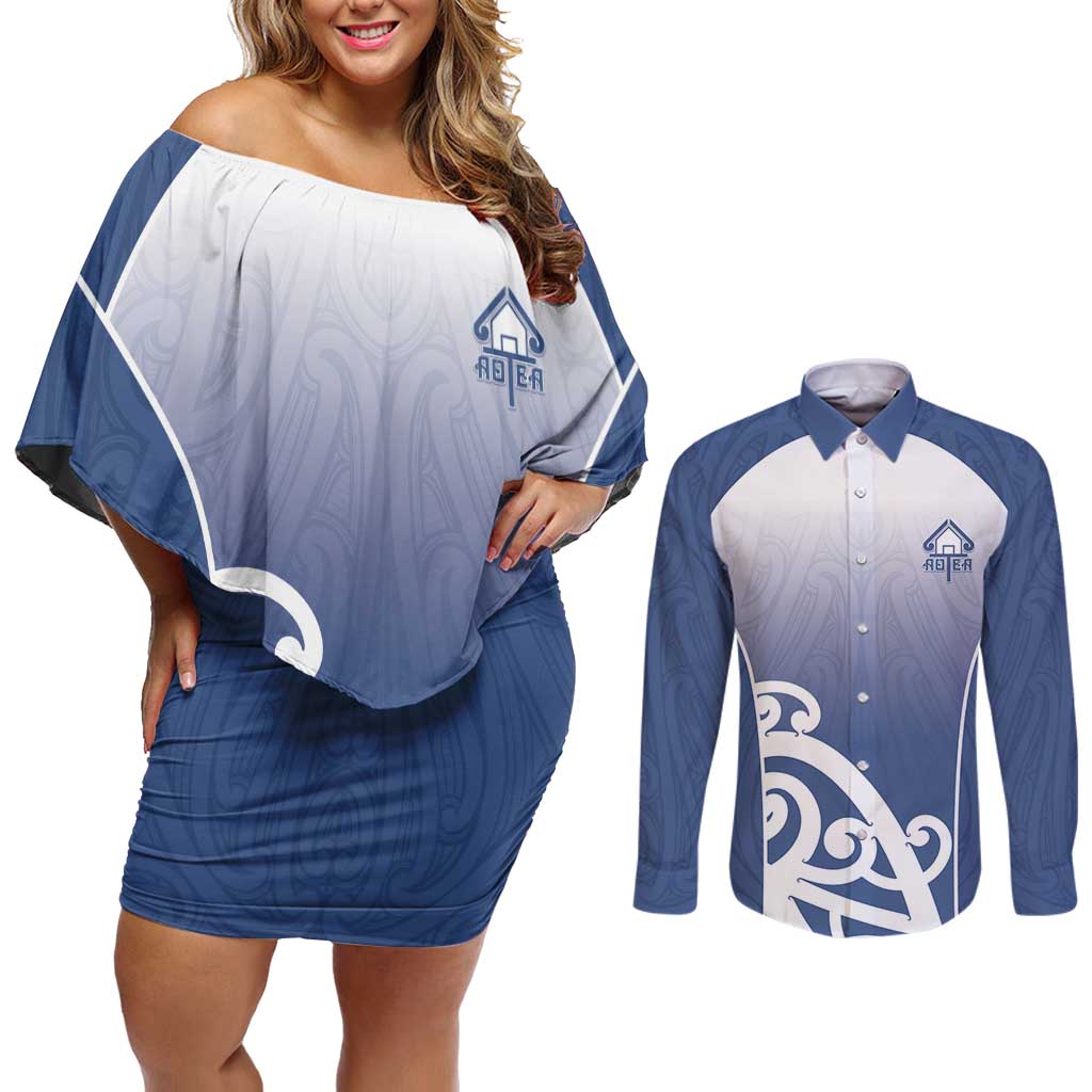 Custom New Zealand Aotea College Couples Matching Off Shoulder Short Dress and Long Sleeve Button Shirt Maori Koru Pattern