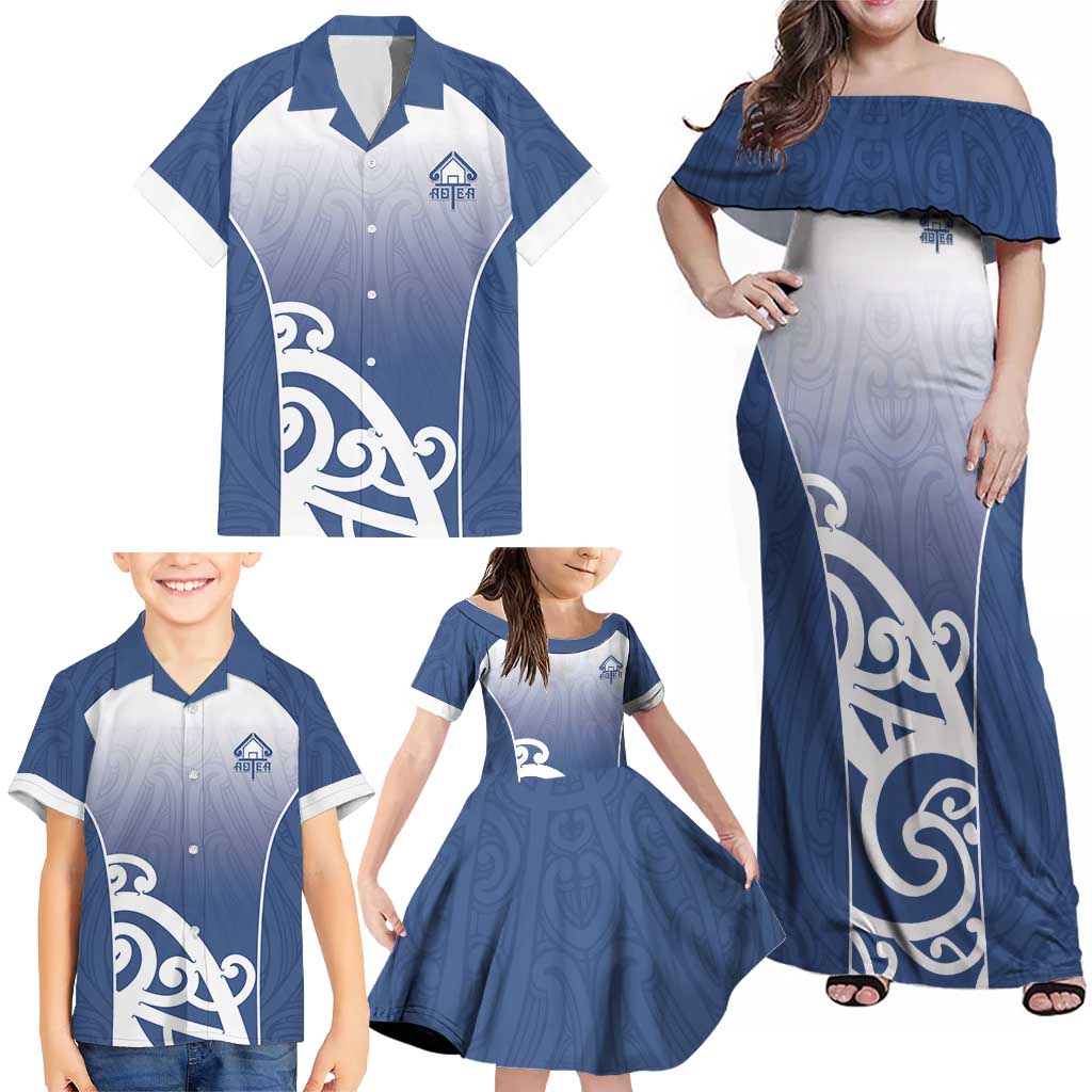 Custom New Zealand Aotea College Family Matching Off Shoulder Maxi Dress and Hawaiian Shirt Maori Koru Pattern