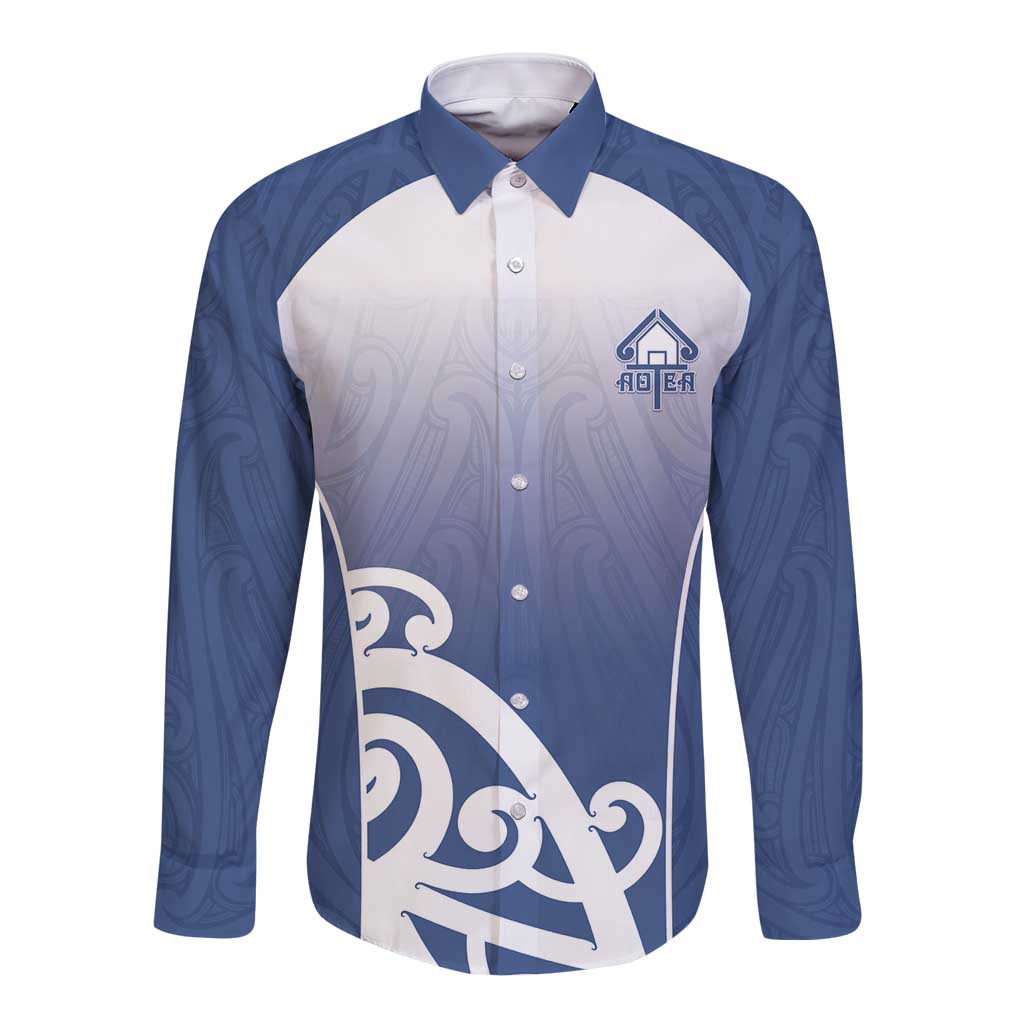 Custom New Zealand Aotea College Long Sleeve Button Shirt Maori Koru Pattern LT05 Unisex Blue - Polynesian Pride
