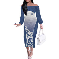 Custom New Zealand Aotea College Off The Shoulder Long Sleeve Dress Maori Koru Pattern LT05 Women Blue - Polynesian Pride