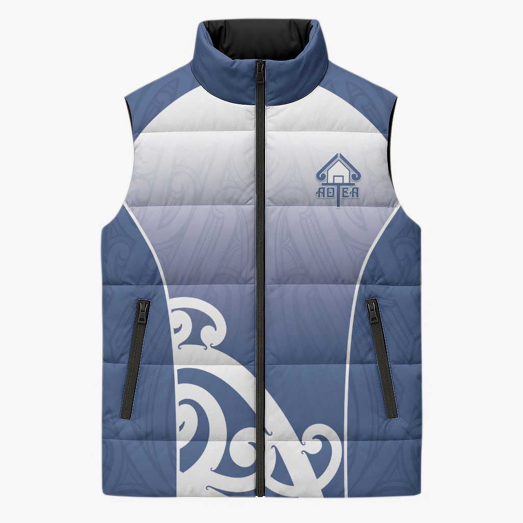 Custom New Zealand Aotea College Sleeveless Puffer Jacket Maori Koru Pattern LT05 Unisex Blue - Polynesian Pride