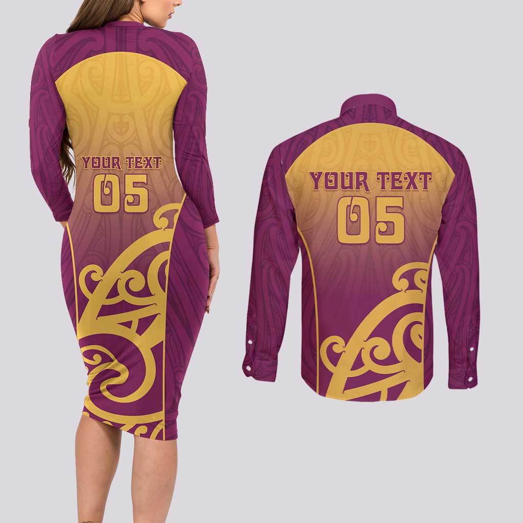 Custom Waiuku College Couples Matching Long Sleeve Bodycon Dress and Long Sleeve Button Shirt Maori Koru Pattern LT05 - Polynesian Pride