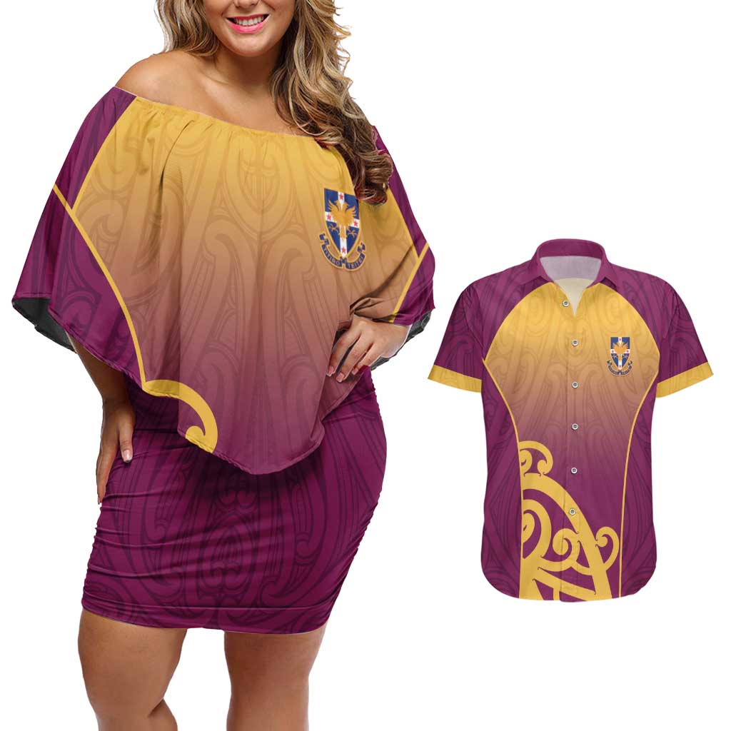 Custom Waiuku College Couples Matching Off Shoulder Short Dress and Hawaiian Shirt Maori Koru Pattern LT05 Maroon - Polynesian Pride