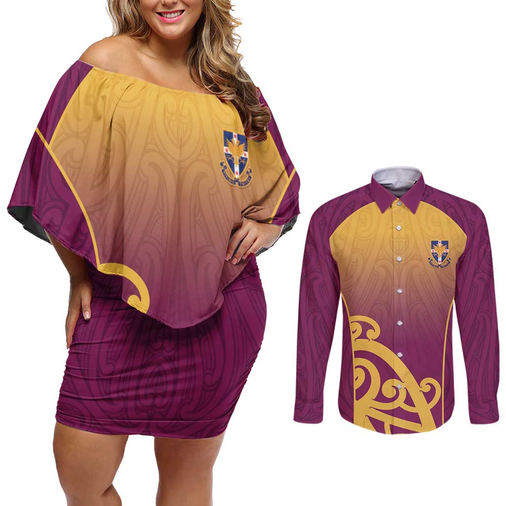 Custom Waiuku College Couples Matching Off Shoulder Short Dress and Long Sleeve Button Shirt Maori Koru Pattern LT05 Maroon - Polynesian Pride