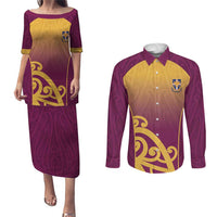 Custom Waiuku College Couples Matching Puletasi and Long Sleeve Button Shirt Maori Koru Pattern
