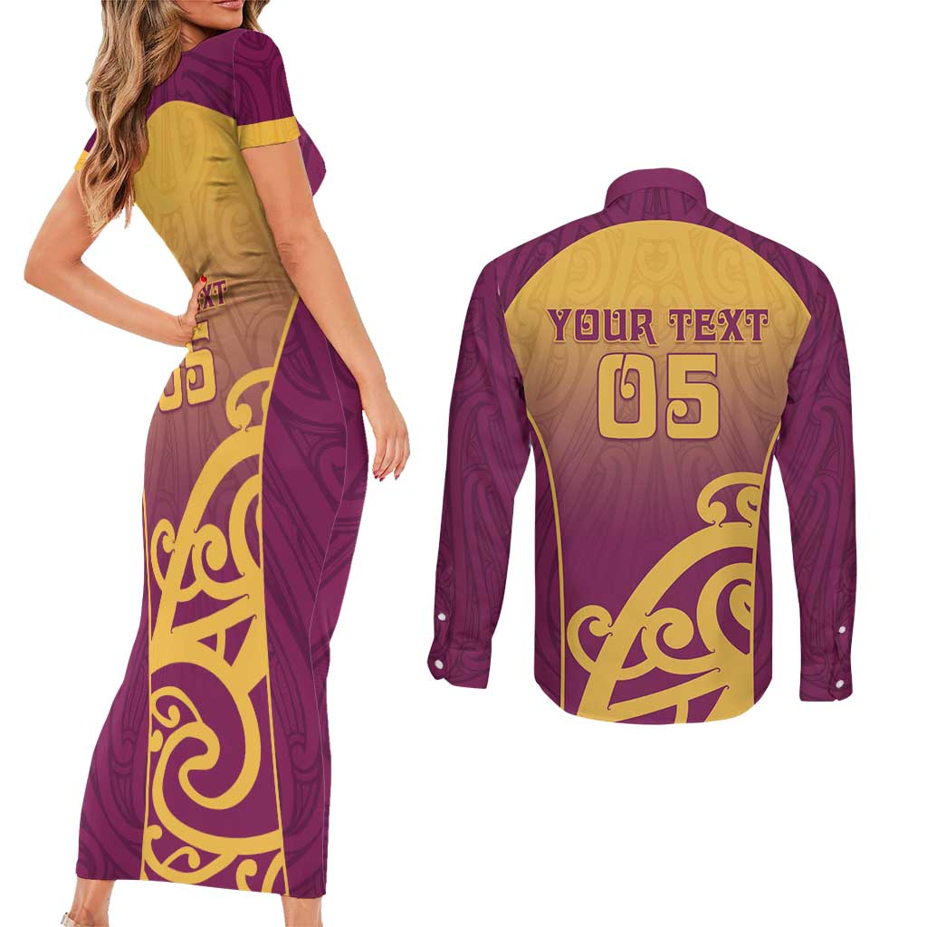 Custom Waiuku College Couples Matching Short Sleeve Bodycon Dress and Long Sleeve Button Shirt Maori Koru Pattern LT05 - Polynesian Pride