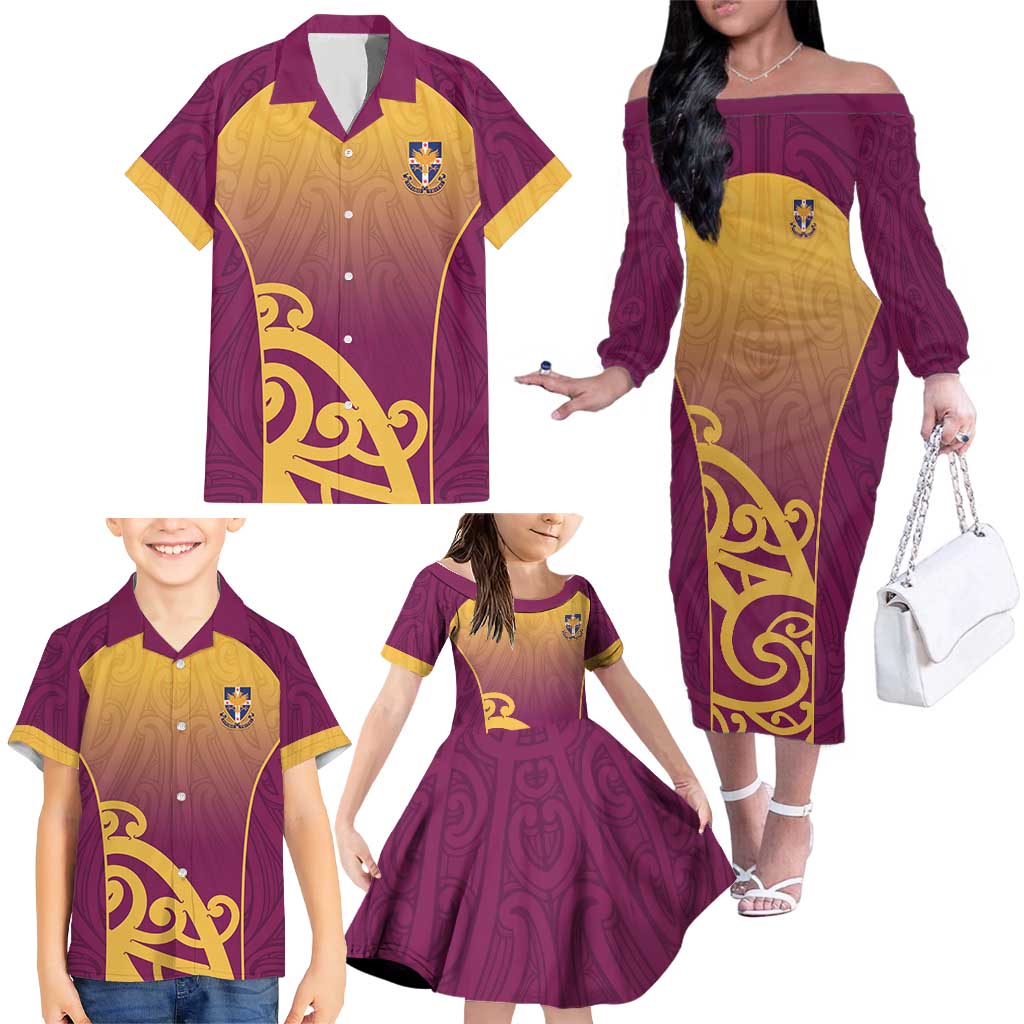 Custom Waiuku College Family Matching Off The Shoulder Long Sleeve Dress and Hawaiian Shirt Maori Koru Pattern LT05 - Polynesian Pride