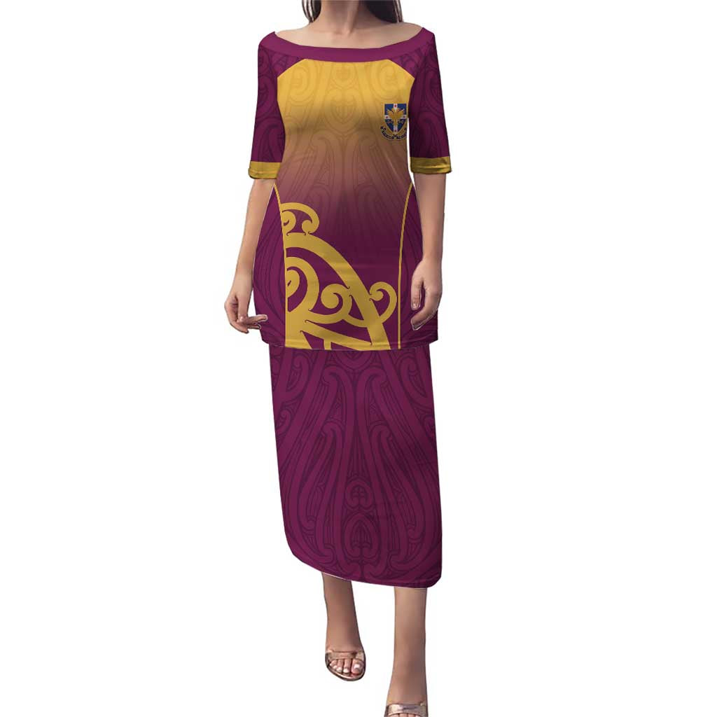 Custom Waiuku College Family Matching Puletasi and Hawaiian Shirt Maori Koru Pattern LT05 Mom's Dress Maroon - Polynesian Pride