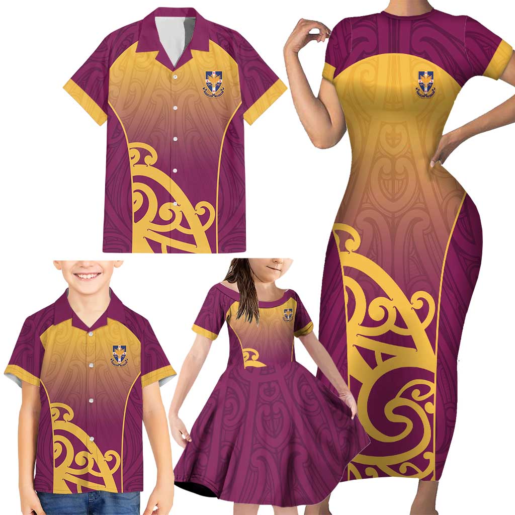 Custom Waiuku College Family Matching Short Sleeve Bodycon Dress and Hawaiian Shirt Maori Koru Pattern