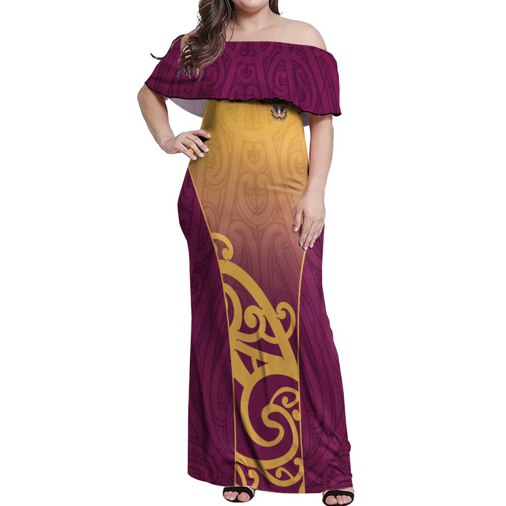 Custom Waiuku College Off Shoulder Maxi Dress Maori Koru Pattern LT05 Women Maroon - Polynesian Pride