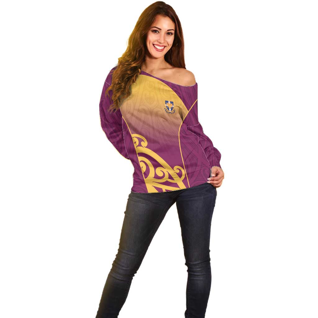 Custom Waiuku College Off Shoulder Sweater Maori Koru Pattern LT05 - Polynesian Pride