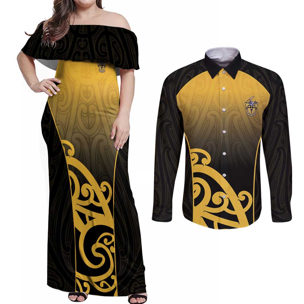 Custom Motueka High School Couples Matching Off Shoulder Maxi Dress and Long Sleeve Button Shirt Maori Koru Pattern LT05 Black - Polynesian Pride