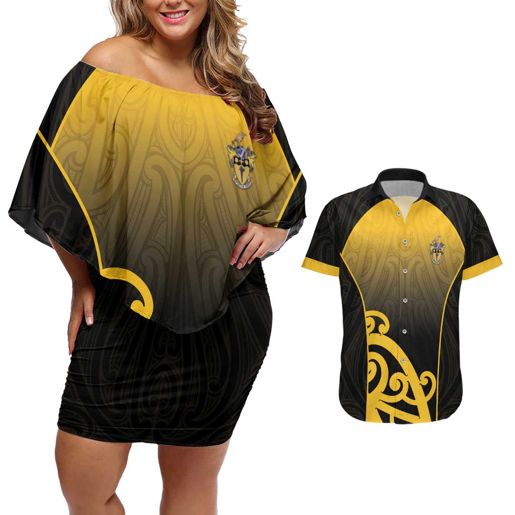 Custom Motueka High School Couples Matching Off Shoulder Short Dress and Hawaiian Shirt Maori Koru Pattern LT05 Black - Polynesian Pride