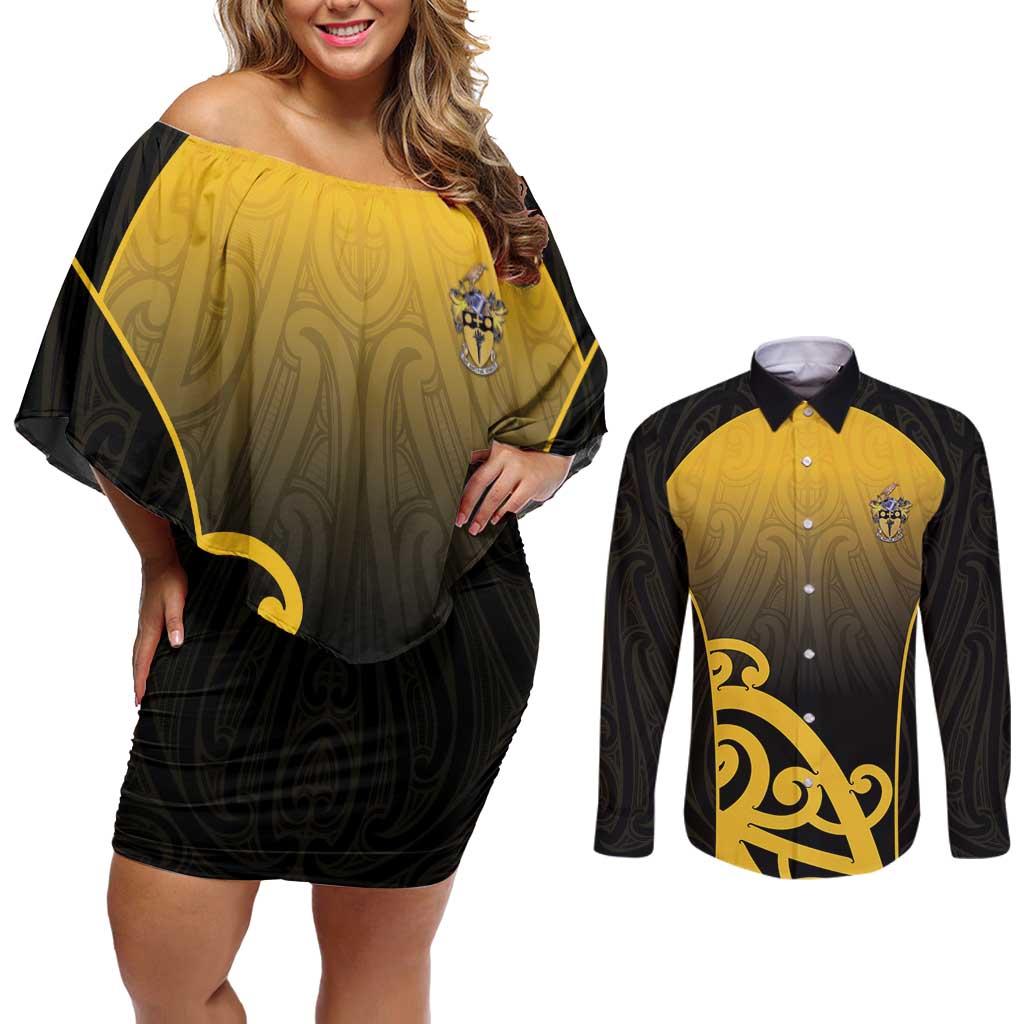 Custom Motueka High School Couples Matching Off Shoulder Short Dress and Long Sleeve Button Shirt Maori Koru Pattern LT05 Black - Polynesian Pride