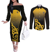 Custom Motueka High School Couples Matching Off The Shoulder Long Sleeve Dress and Long Sleeve Button Shirt Maori Koru Pattern LT05 Black - Polynesian Pride