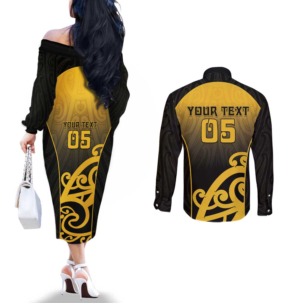 Custom Motueka High School Couples Matching Off The Shoulder Long Sleeve Dress and Long Sleeve Button Shirt Maori Koru Pattern LT05 - Polynesian Pride