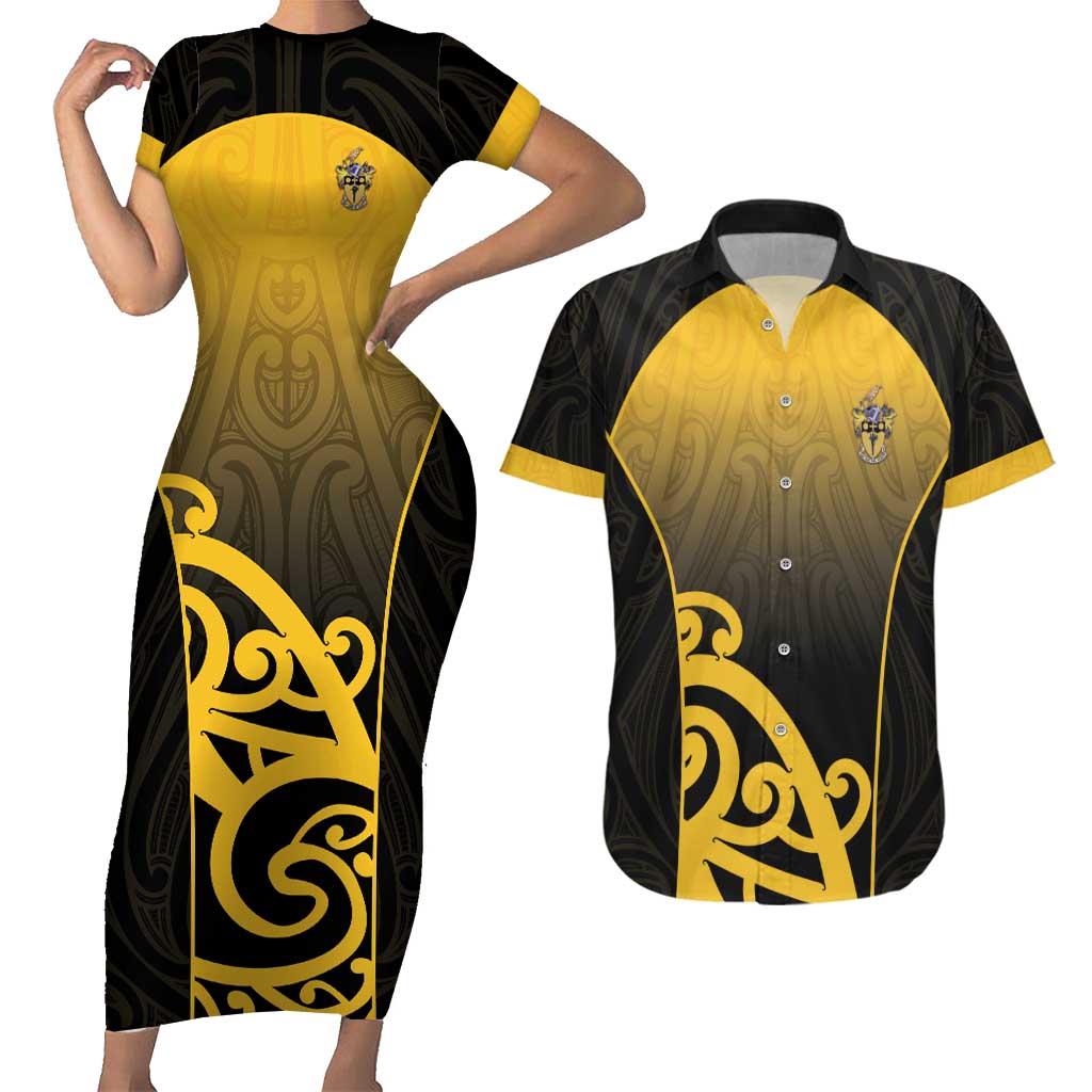 Custom Motueka High School Couples Matching Short Sleeve Bodycon Dress and Hawaiian Shirt Maori Koru Pattern LT05 Black - Polynesian Pride