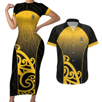 Custom Motueka High School Couples Matching Short Sleeve Bodycon Dress and Hawaiian Shirt Maori Koru Pattern LT05 Black - Polynesian Pride
