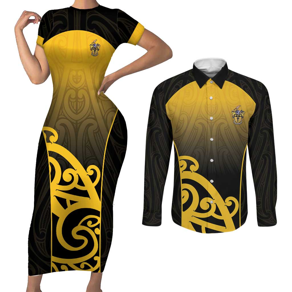 Custom Motueka High School Couples Matching Short Sleeve Bodycon Dress and Long Sleeve Button Shirt Maori Koru Pattern LT05 Black - Polynesian Pride