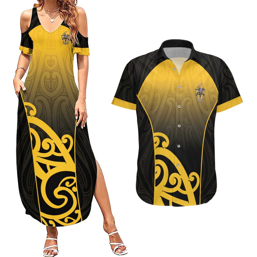 Custom Motueka High School Couples Matching Summer Maxi Dress and Hawaiian Shirt Maori Koru Pattern LT05 Black - Polynesian Pride