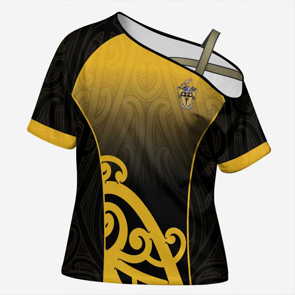 Custom Motueka High School Cross Shoulder Shirt Maori Koru Pattern LT05 Female Black - Polynesian Pride